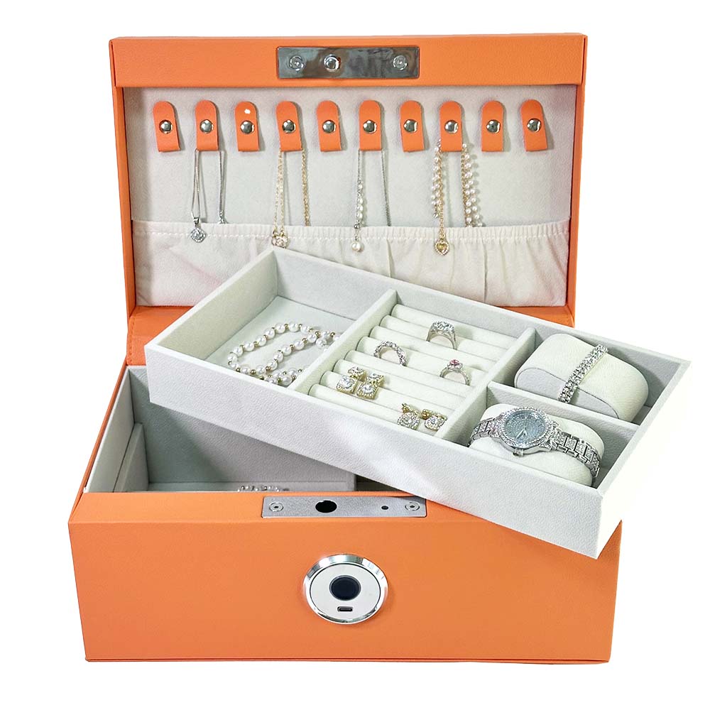 HONGYEXGCN Orange Leather Round Fingerprint Lock Jewelry Box